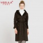 YIGELILA2017秋冬裝新款連帽外套系帶收腰中長款軍綠色風衣女9637